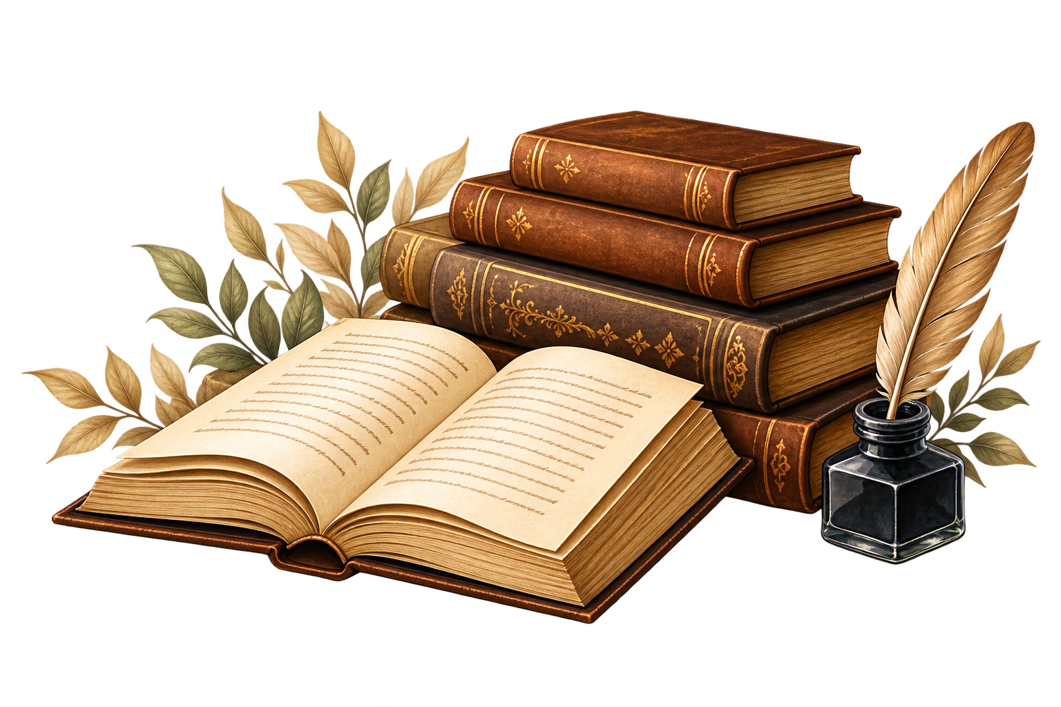 Open book with a stack of classic books